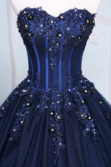 Bridesmaids Dresses Summer, Dark Blue Tulle Lace Princess Dress, A-Line Strapless Long Prom Dress