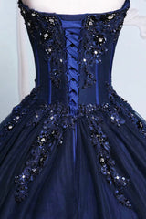 Bridesmaid Dress Summer, Dark Blue Tulle Lace Princess Dress, A-Line Strapless Long Prom Dress