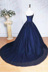 Bridesmaides Dresses Summer, Dark Blue Tulle Lace Princess Dress, A-Line Strapless Long Prom Dress