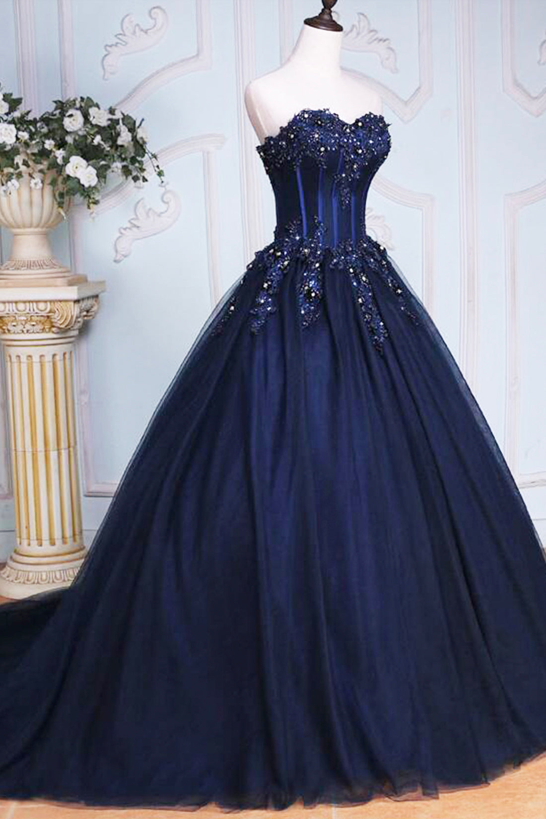 Bridesmaid Dresses Chiffon, Dark Blue Tulle Lace Princess Dress, A-Line Strapless Long Prom Dress