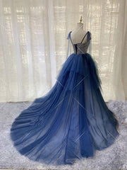 Prom Dresses Long Navy, Dark blue Tulle Tiered Long Prom Dress,Elegant Formal Dress