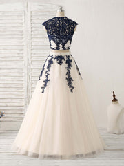 Formal Dress Gowns, Dark Blue Two Pieces Lace Tulle Long Prom Dress Blue Evening Dress