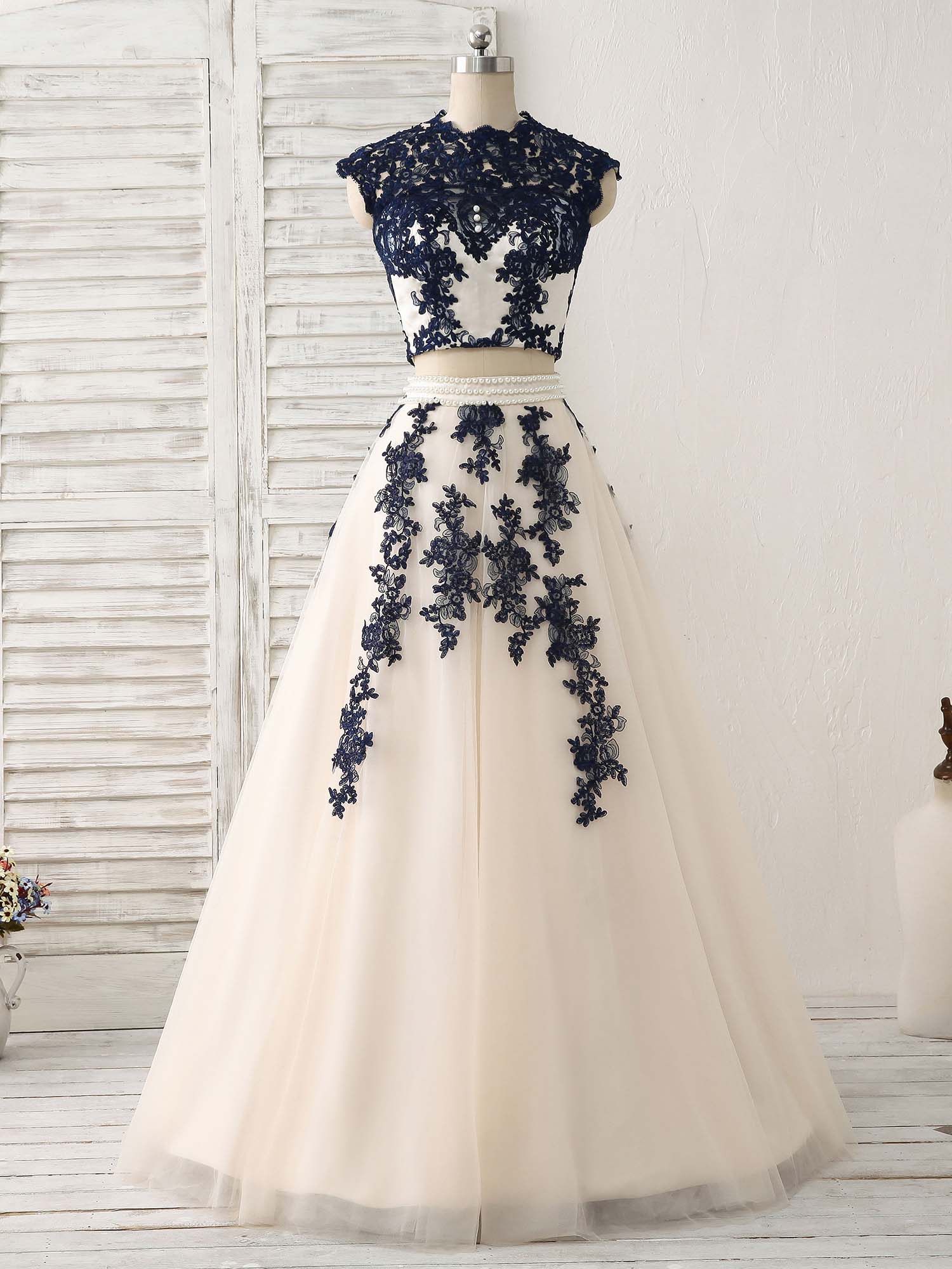 Formal Dress For Sale, Dark Blue Two Pieces Lace Tulle Long Prom Dress Blue Evening Dress
