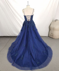 Evening Dress Stunning, Dark Blue V Neck Tulle Lace Long Prom Dress Blue Lace Bridesmaid Dress