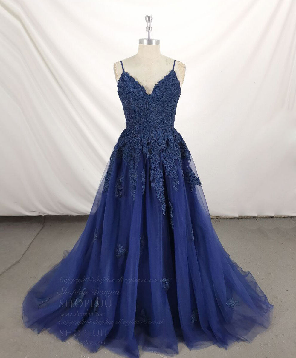 Evening Dresses With Sleeves, Dark Blue V Neck Tulle Lace Long Prom Dress Blue Lace Bridesmaid Dress
