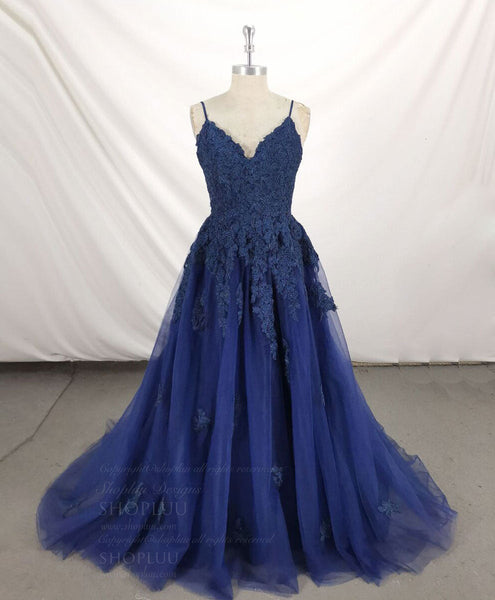 Prom Ideas, Dark Blue V Neck Tulle Lace Long Prom Dress Blue Lace