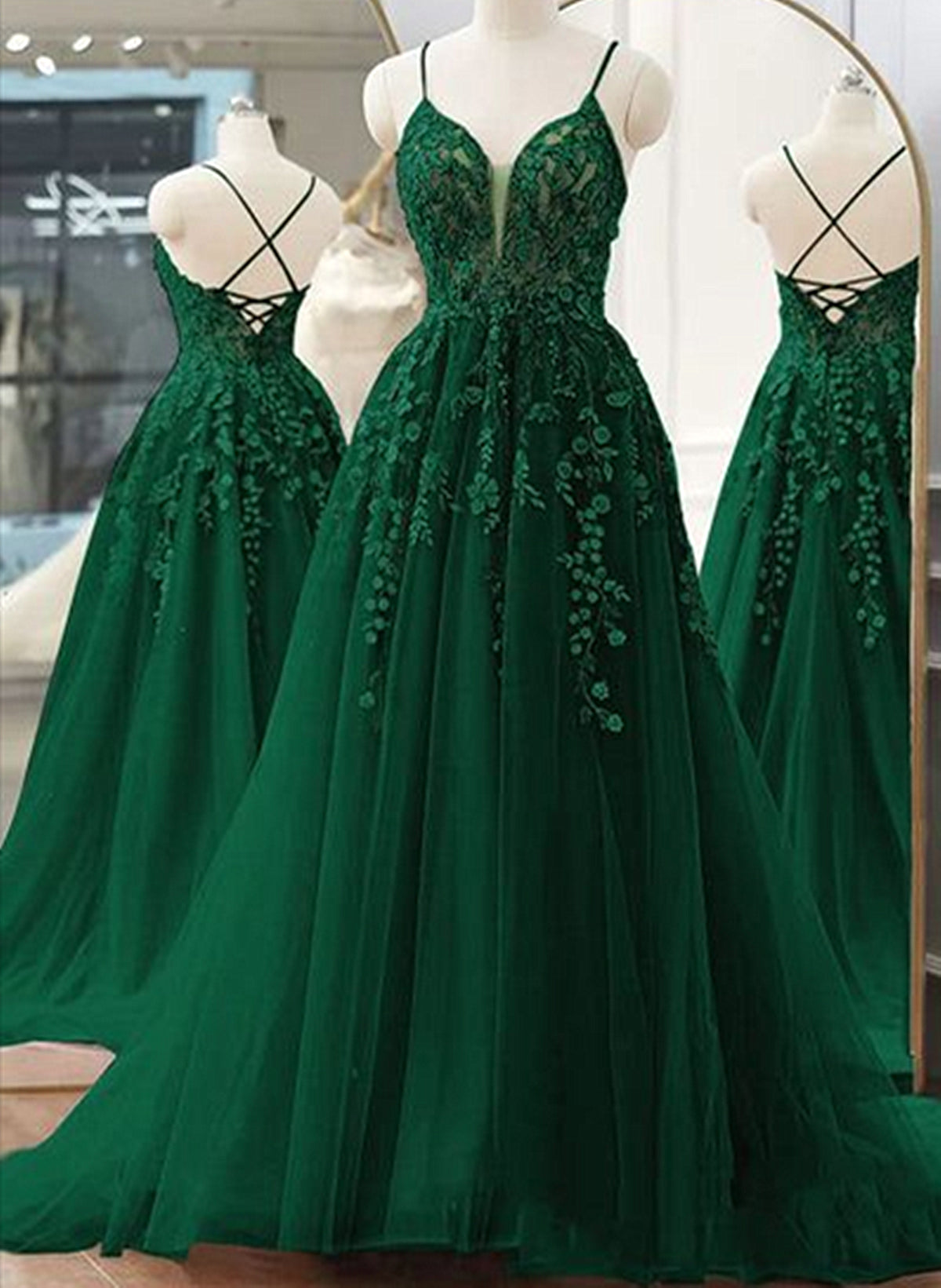 Bridesmaid Dresses Sleeveless, Dark Green A-line V-neckline Tulle and Lace Party Dress, Green Long Prom Dress