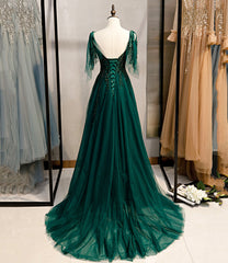 Prom Dresses Pink, Dark Green Beaded Tulle Straps A-line Formal Dresses, Green Evening Dress Prom Dresses