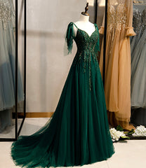 Prom Dress Designer, Dark Green Beaded Tulle Straps A-line Formal Dresses, Green Evening Dress Prom Dresses