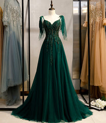 Prom Dresses Designer, Dark Green Beaded Tulle Straps A-line Formal Dresses, Green Evening Dress Prom Dresses