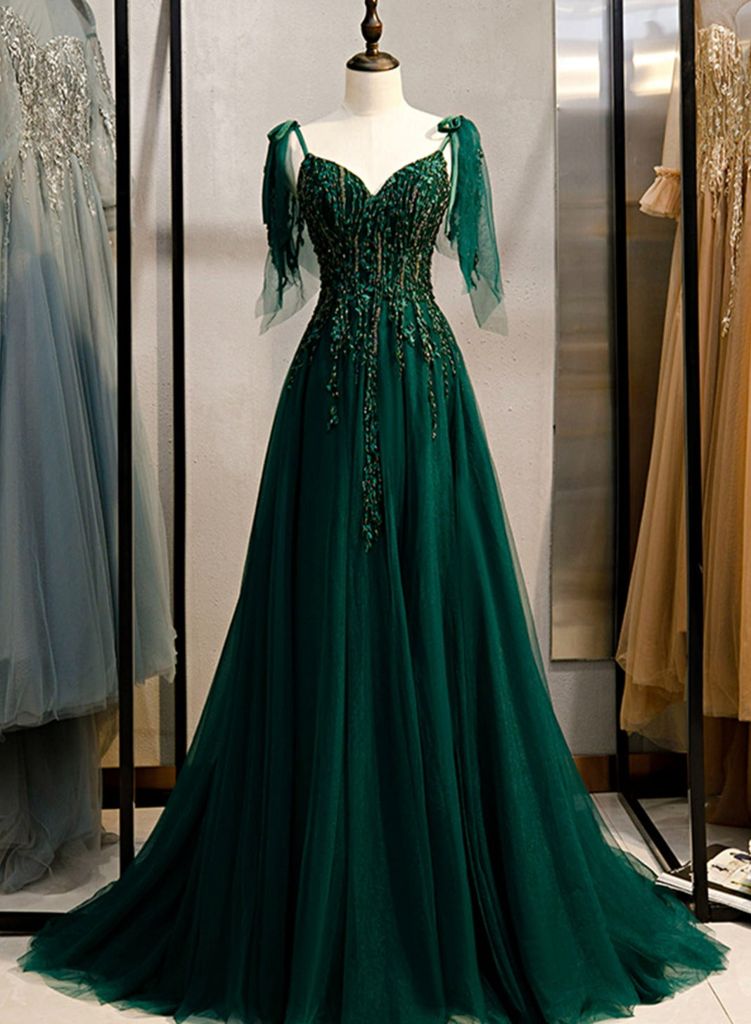 Prom Dress Inspirational, Dark Green Beaded Tulle Straps A-line Formal Dresses, Green Evening Dress Prom Dresses