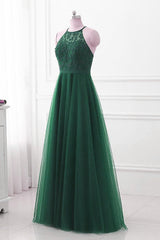 Party Dress Couple, Dark Green Cross Back Tulle Halter Long Party Dress, A-line Junior Prom Dress