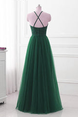 Winter Dress, Dark Green Cross Back Tulle Halter Long Party Dress, A-line Junior Prom Dress