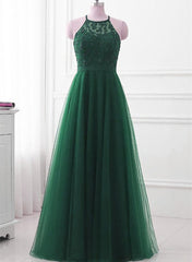 Party Dress Modest, Dark Green Cross Back Tulle Halter Long Party Dress, A-line Junior Prom Dress