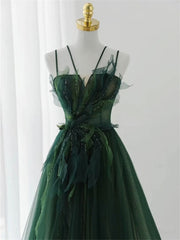 Homecoming Dress Classy Elegant, Dark Green Long Beaded A-line Evening Dress Party Dress, Green Prom Dress