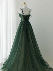 Homecoming Dresses Aesthetic, Dark Green Long Beaded A-line Evening Dress Party Dress, Green Prom Dress
