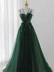 Homecoming Dress Shop, Dark Green Long Beaded A-line Evening Dress Party Dress, Green Prom Dress