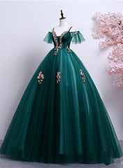 Party Dresses Classy, Dark Green Off Shoulder Tulle Party Dress with Lace, Green Formal Dress Prom Dress