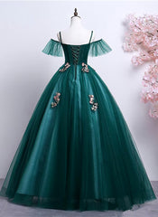 Party Dress Inspo, Dark Green Off Shoulder Tulle Party Dress with Lace, Green Formal Dress Prom Dress