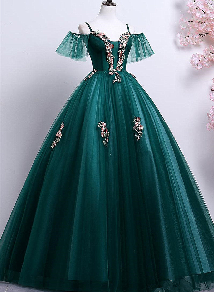 Party Dressed Short, Dark Green Off Shoulder Tulle Party Dress with Lace, Green Formal Dress Prom Dress