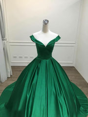Prom Dress 2032, Dark Green Satin Ball Gown Long Evening Dress Prom Dress, Green Formal Dresses