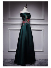 Bridesmaid Dress Long Sleeves, Dark Green Satin Off Shoulder Floor Length Satin Party Dress, Green Prom Dress Formal Dress