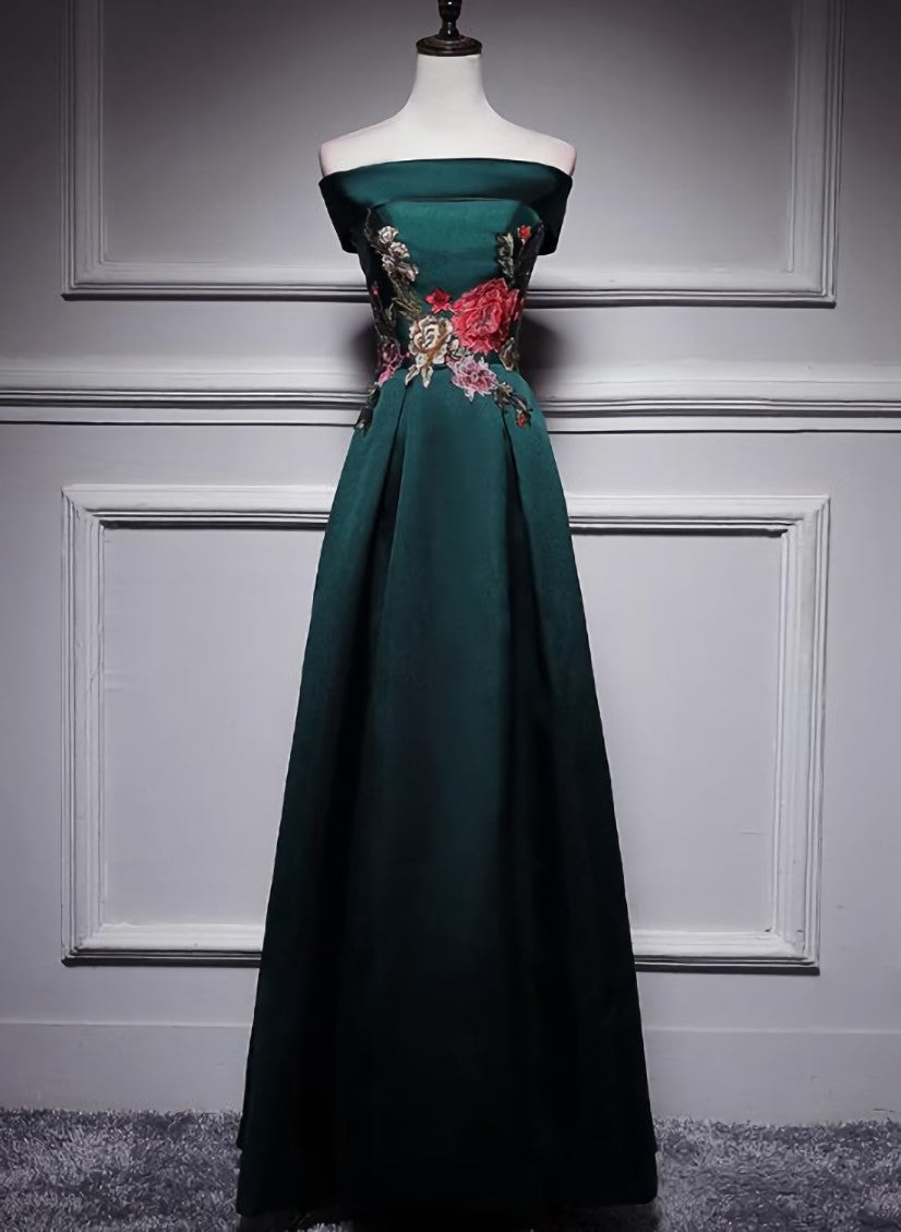 Bridesmaids Dresses Pink, Dark Green Satin Off Shoulder Floor Length Satin Party Dress, Green Prom Dress Formal Dress