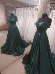 Homecoming Dresses Idea, Dark Green Satin Off Shoulder Long Formal Dress with Slit, Long Evening Dresses