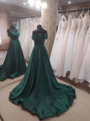 Homecoming Dress Ideas, Dark Green Satin Off Shoulder Long Formal Dress with Slit, Long Evening Dresses
