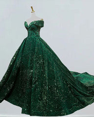 Bridesmaid Dresses Vintage, Dark Green Sequins Off Shoulder Ball Gown Sweet 16 Dress, Dark Green Prom Dress