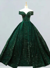Bridesmaid Dresses Different Colors, Dark Green Sequins Off Shoulder Ball Gown Sweet 16 Dress, Dark Green Prom Dress