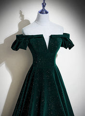 Party Dress Online, Dark Green Velvet Off Shoulder Long Party Dress, Green A-line Prom Dress