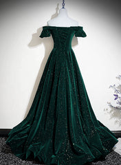 Party Dresses 2030, Dark Green Velvet Off Shoulder Long Party Dress, Green A-line Prom Dress