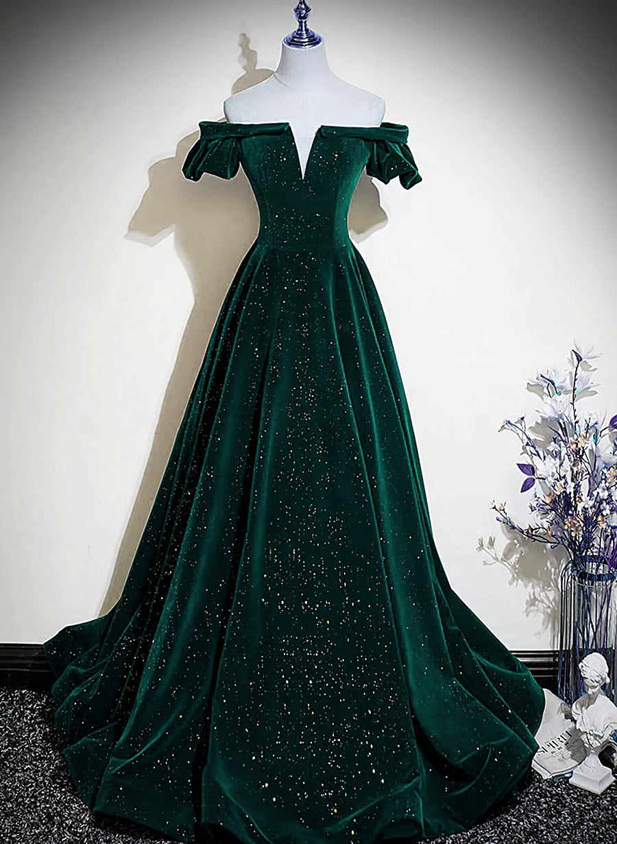 Party Dress Cheap, Dark Green Velvet Off Shoulder Long Party Dress, Green A-line Prom Dress