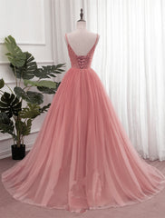 Elegant Gown, Dark Pink Sequins V-neckline Straps Long Evening Dress, Tulle Pink Prom Dress