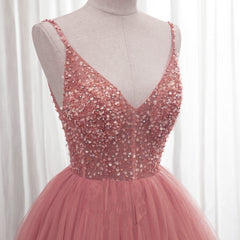 Flowy Prom Dress, Dark Pink Sequins V-neckline Straps Long Evening Dress, Tulle Pink Prom Dress