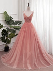 Senior Prom Dress, Dark Pink Sequins V-neckline Straps Long Evening Dress, Tulle Pink Prom Dress