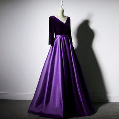 Prom Dresses Boho, Dark Purple Long Sleeves V-neckline Velvet and satin Long Party Dress, Long Evening Dress Prom Dress