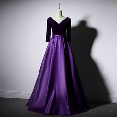 Prom Dresses For Black, Dark Purple Long Sleeves V-neckline Velvet and satin Long Party Dress, Long Evening Dress Prom Dress