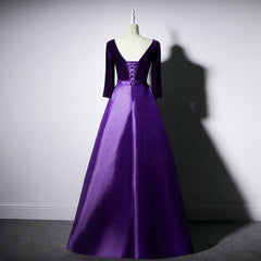 Prom Dress Shops Nearby, Dark Purple Long Sleeves V-neckline Velvet and satin Long Party Dress, Long Evening Dress Prom Dress