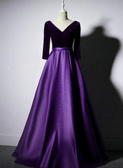 Prom Dress Corset, Dark Purple Long Sleeves V-neckline Velvet and satin Long Party Dress, Long Evening Dress Prom Dress