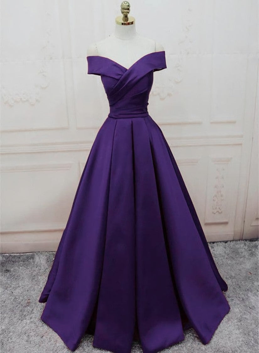 Homecomming Dresses Floral, Dark Purple Off Shoulder Satin Long Formal Gown, Prom Dresses