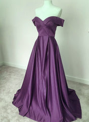 Homecoming Dresses Lace, Dark Purple Satin Off Shoulder Long Formal Dress, Purple Evening Dress Prom Dress