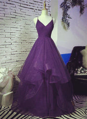 Prom Dress With Pockets, Dark Purple Tulle Layers Formal Gown, Purple Evening Party Dresses