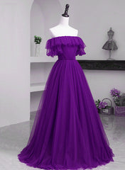 Party Dresses For Teen, Dark Purple Tulle Off Shoulder Long Party Dress, A-line Purple Prom Dress