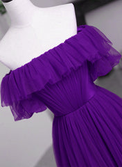 Party Dress Website, Dark Purple Tulle Off Shoulder Long Party Dress, A-line Purple Prom Dress