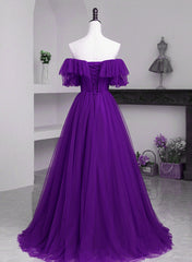 Party Dresses Website, Dark Purple Tulle Off Shoulder Long Party Dress, A-line Purple Prom Dress