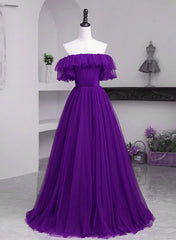 Party Dress For Teens, Dark Purple Tulle Off Shoulder Long Party Dress, A-line Purple Prom Dress