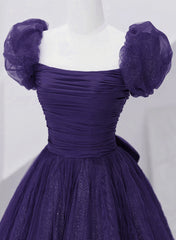 Bridesmaids Dresses Long Sleeves, Dark Purple Tulle Scoop A-line Long Formal Dress, Dark Purple Evening Dress Prom Dress