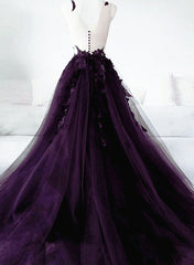 Fantasy Dress, Dark Purple Tulle with Lace Applique Formal Dress, Purple Evening Dress